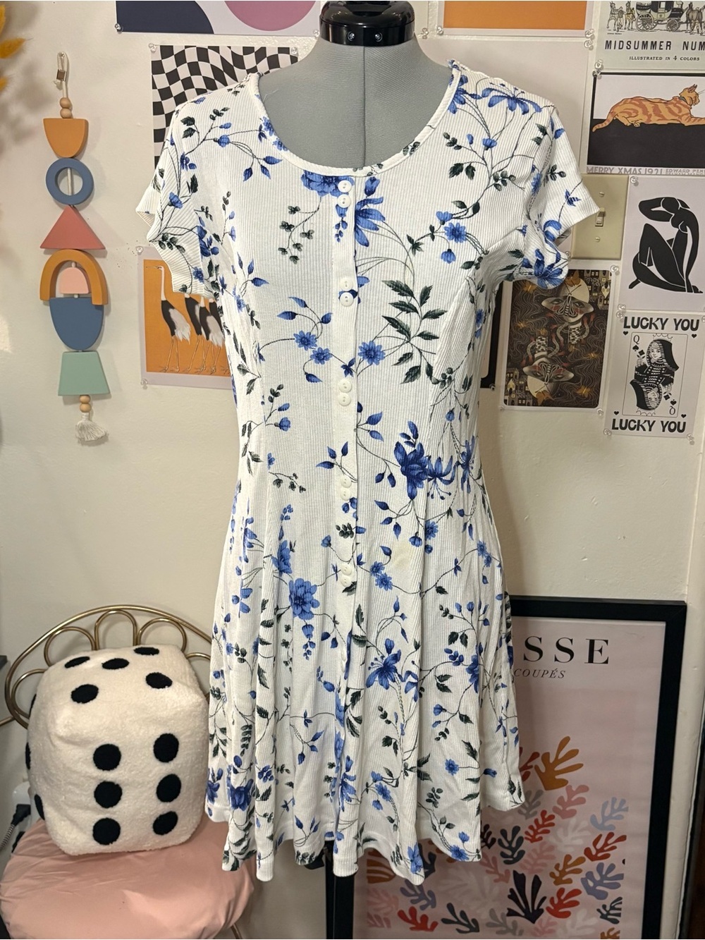 La Fête Blue Floral Ribbed Button Front Mini Dress